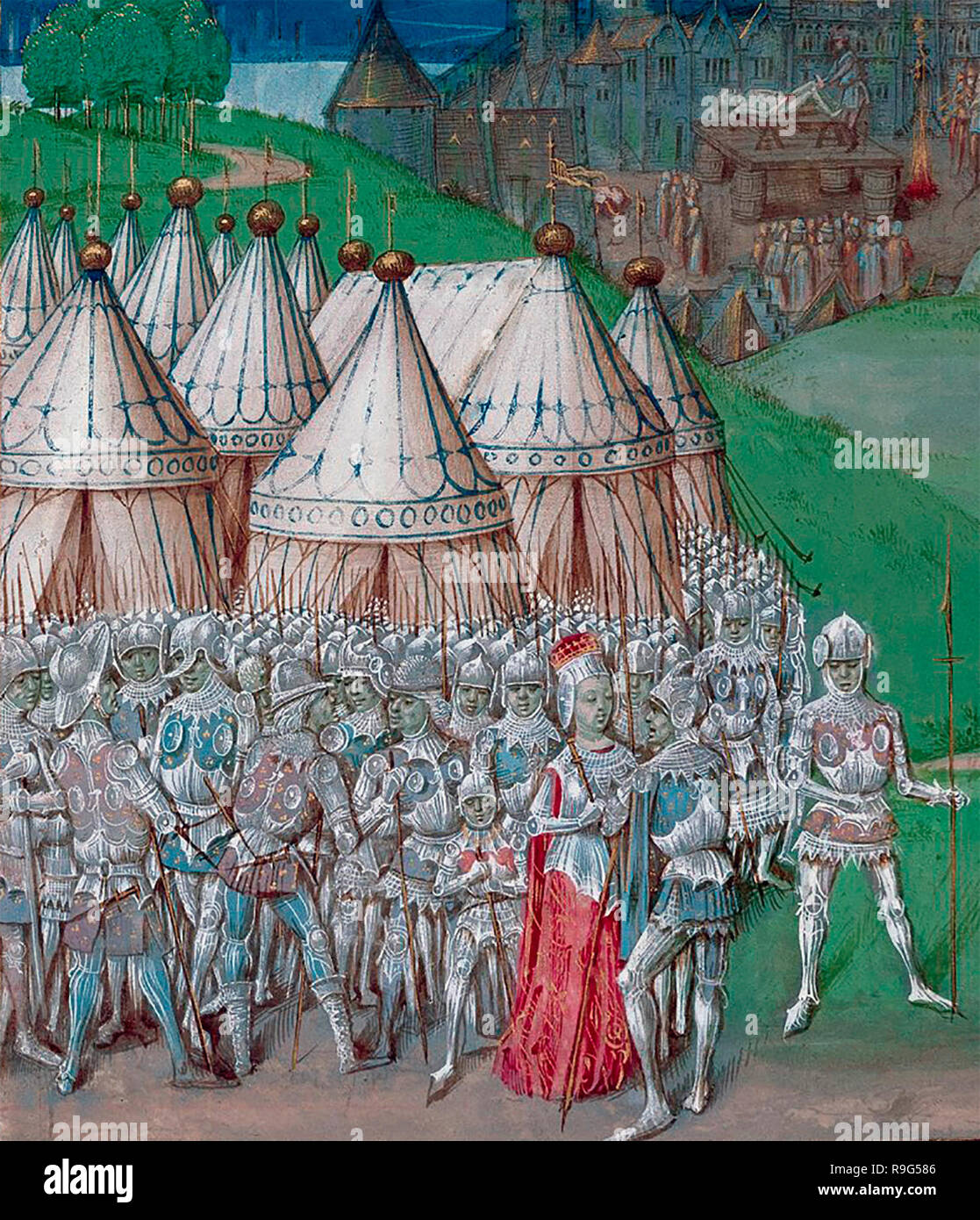15th-century manuscript illustration depicting Roger Mortimer and Queen Isabella in the foreground. Background: Hugh Despenser the Younger on the scaffold, being emasculated Stock Photo