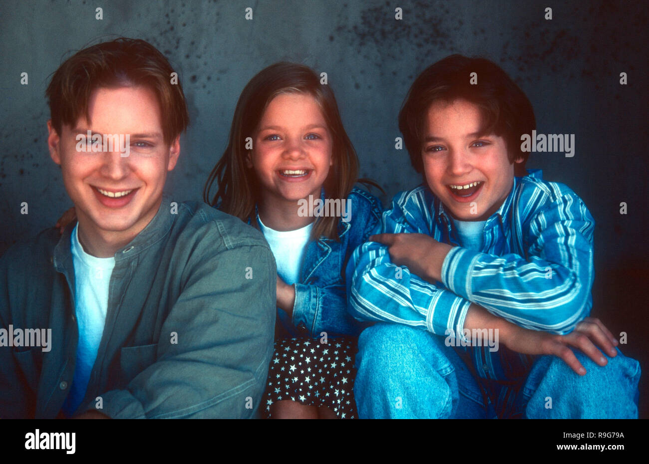 LOS ANGELES, CA -JUNE 6: (EXCLUSIVE) Actor Zack Wood, sister actress Hannah Wood and brother actor Elijah Wood pose at a photo shoot on June 6, 1993 in Los Angeles, California. Photo by Barry King/Alamy Stock Photo Stock Photo