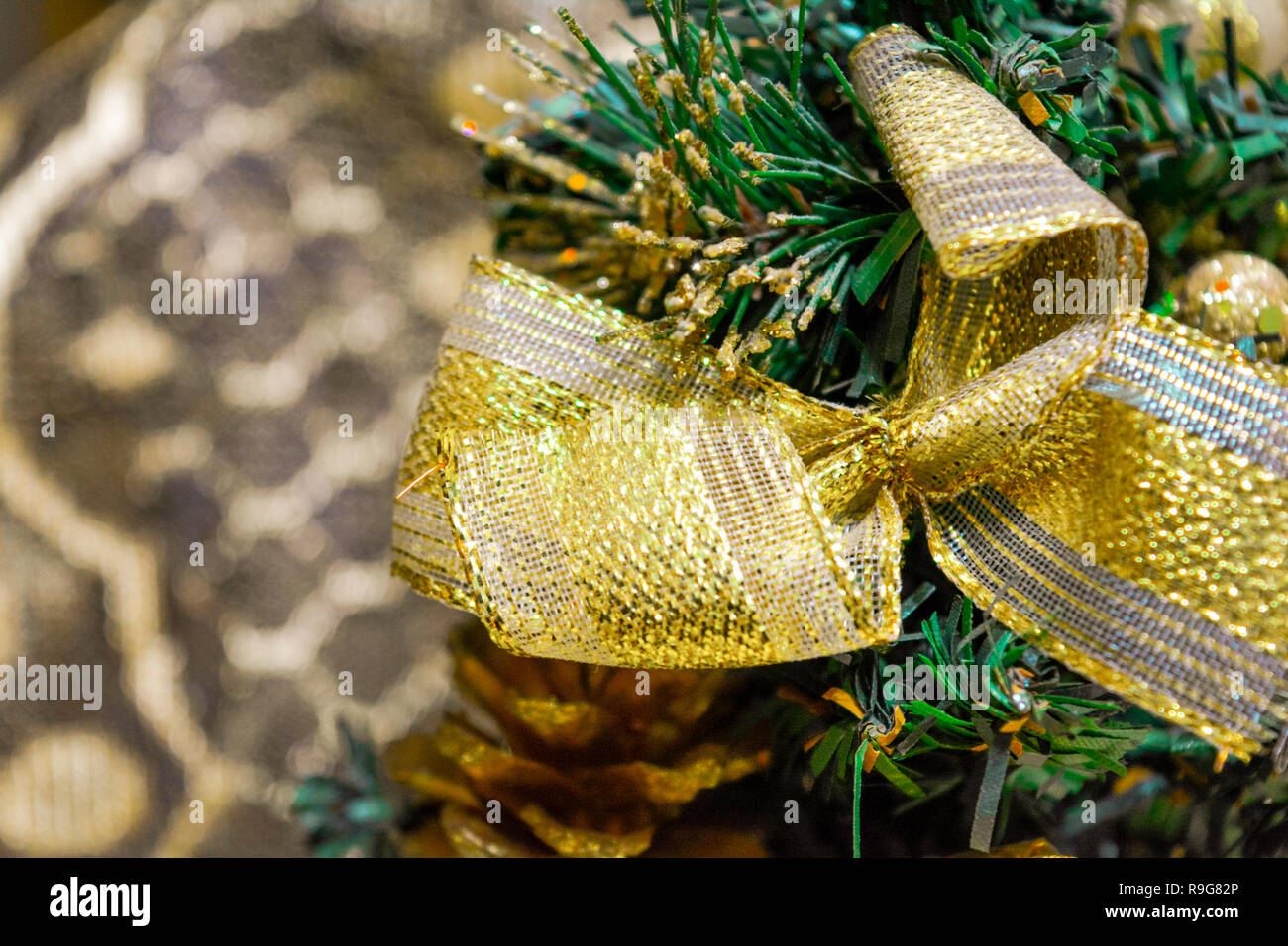 Closeup photo of little artificial green Christmas and New Year Fir ...