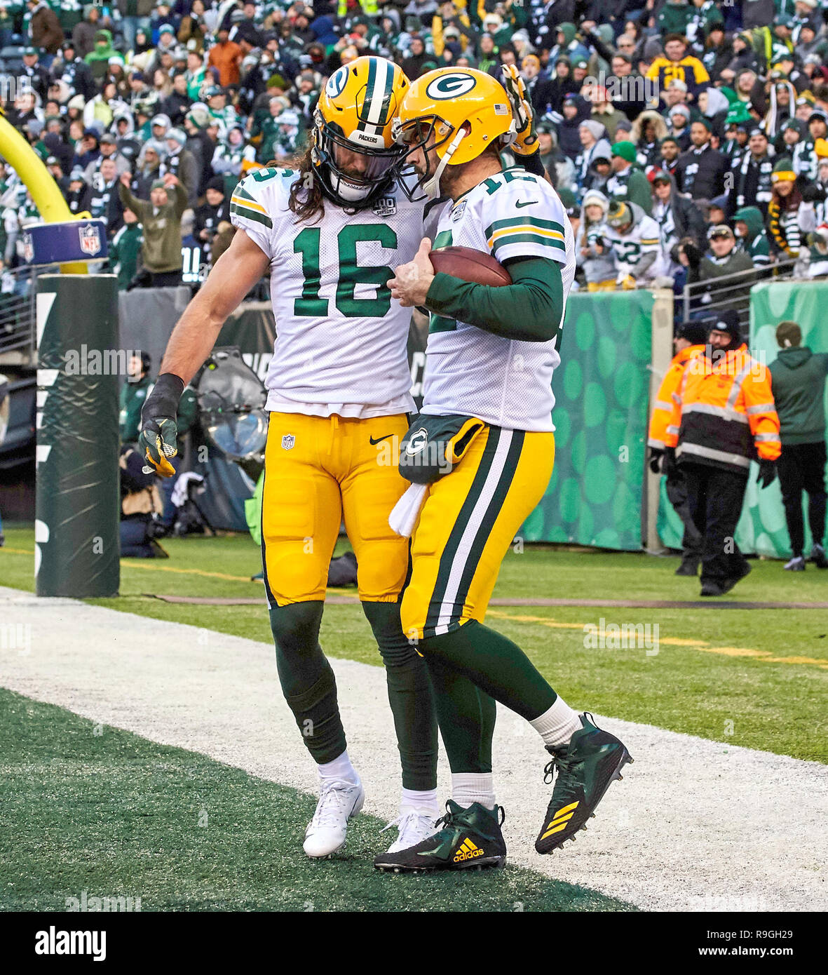 East Rutherford, New Jersey, USA. 23rd Dec, 2018. Green Bay Packers  quarterback Aaron Rodgers (12) celebrates with wide receiver Jake Kumerow  (16) after scoring a touchdown during a NFL game between the
