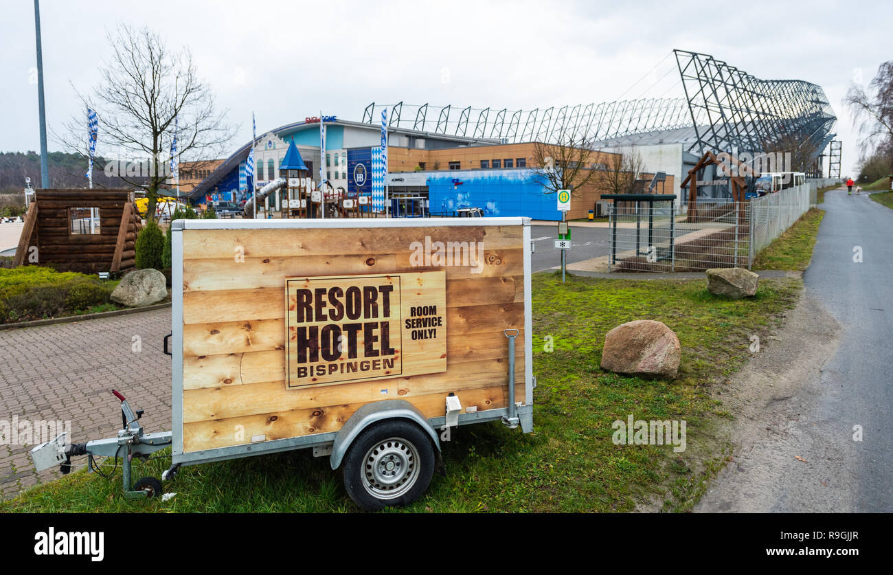 Bispingen, Germany. 22nd Dec, 2018. "Resort Hotel" stands on a trailer in front of the Snow Dome in Bispingen. Credit: Philipp Schulze/dpa/Alamy Live News Stock Photo
