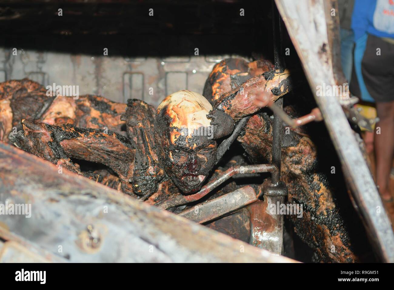(EDITOR'S NOTE: IMAGE DEPICTS DEATH) Burnt bodies seen at the scene of the accident. Tragic road mishap at Amtali, 3 charred to death, 4 injured when two vehicles crushed face on resulting into a fire. Stock Photo