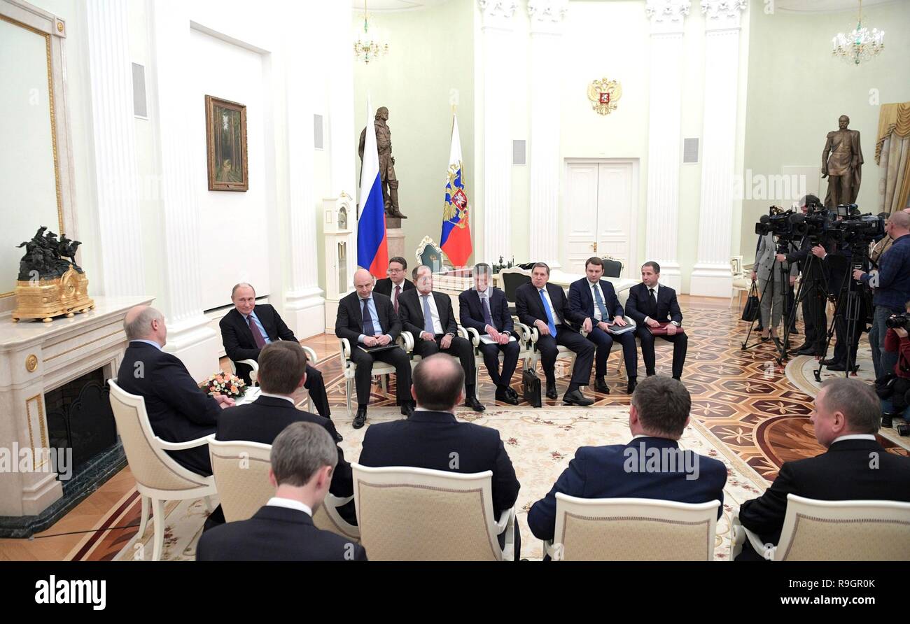 Moscow, Russia. 25th Dec 2018. Russian President Vladimir Putin, center left, holds a bilateral meeting with Belarus President Alexander Lukashenko at the Kremlin December 25, 2018 in Moscow, Russia. Credit: Planetpix/Alamy Live News Stock Photo