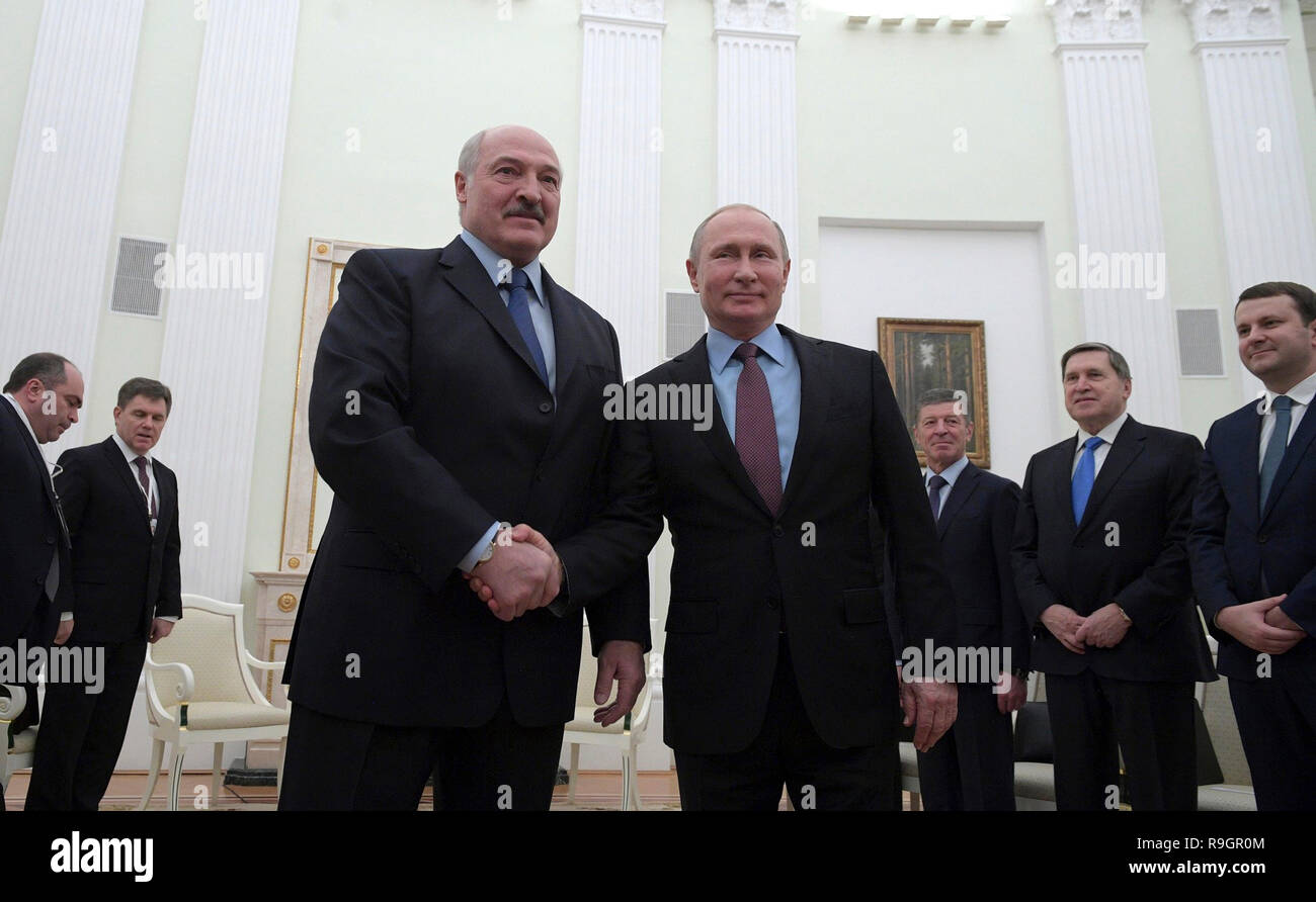 Moscow, Russia. 25th Dec 2018. Russian President Vladimir Putin, right, welcomes Belarus President Alexander Lukashenko prior to a bilateral meeting at the Kremlin December 25, 2018 in Moscow, Russia. Credit: Planetpix/Alamy Live News Stock Photo