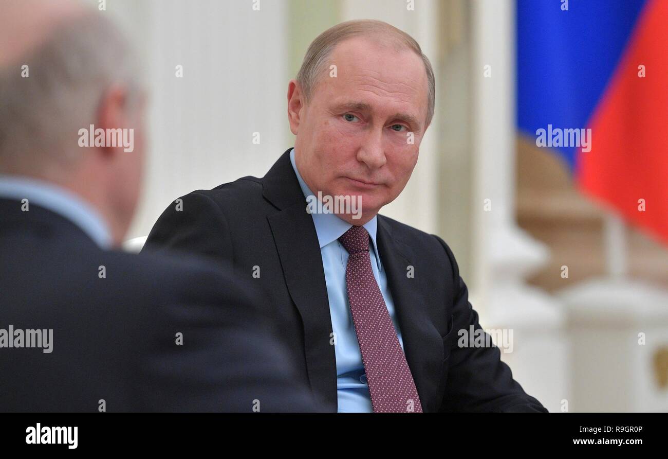 Moscow, Russia. 25th Dec 2018. Russian President Vladimir Putin during a bilateral meeting with Belarus President Alexander Lukashenko at the Kremlin December 25, 2018 in Moscow, Russia. Credit: Planetpix/Alamy Live News Stock Photo