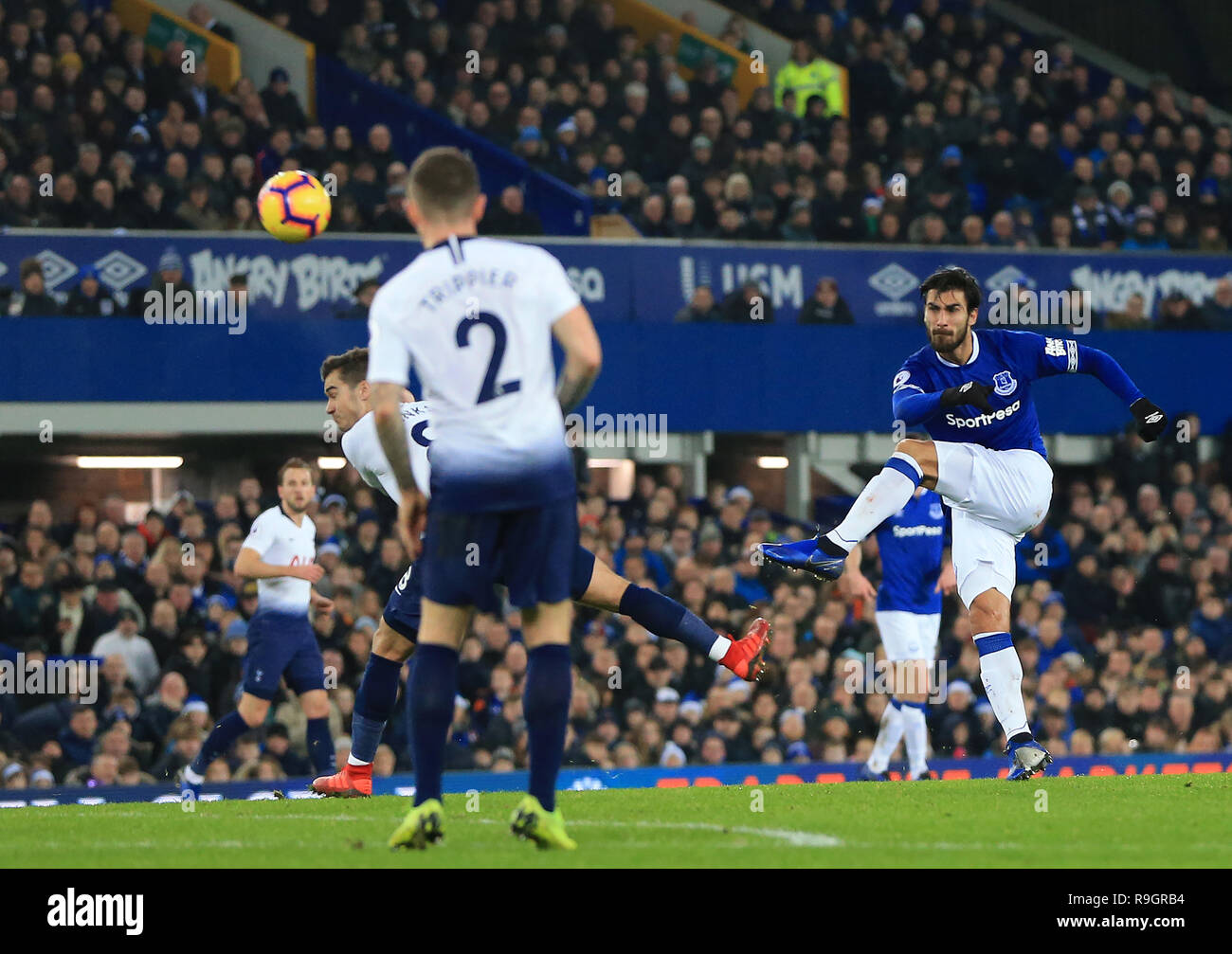 Goodison Park, Liverpool, UK. 23rd Dec, 2018. EPL Premier League Football, Everton versus Tottenham Hotspur; Andre Gomes of Everton volleys a shot high over the bar Credit: Action Plus Sports/Alamy Live News Stock Photo