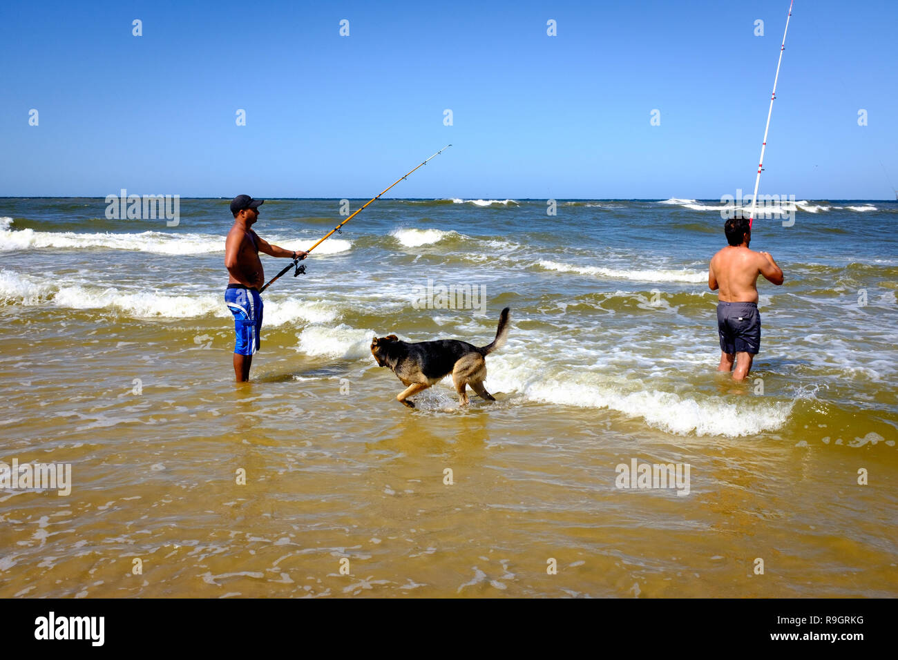 Uruguay: Uruguay, La Floresta, small city and resort on the Costa de Oro (Golden Coast). Two anglers and their dog (a German shepherd) in the waves. Stock Photo