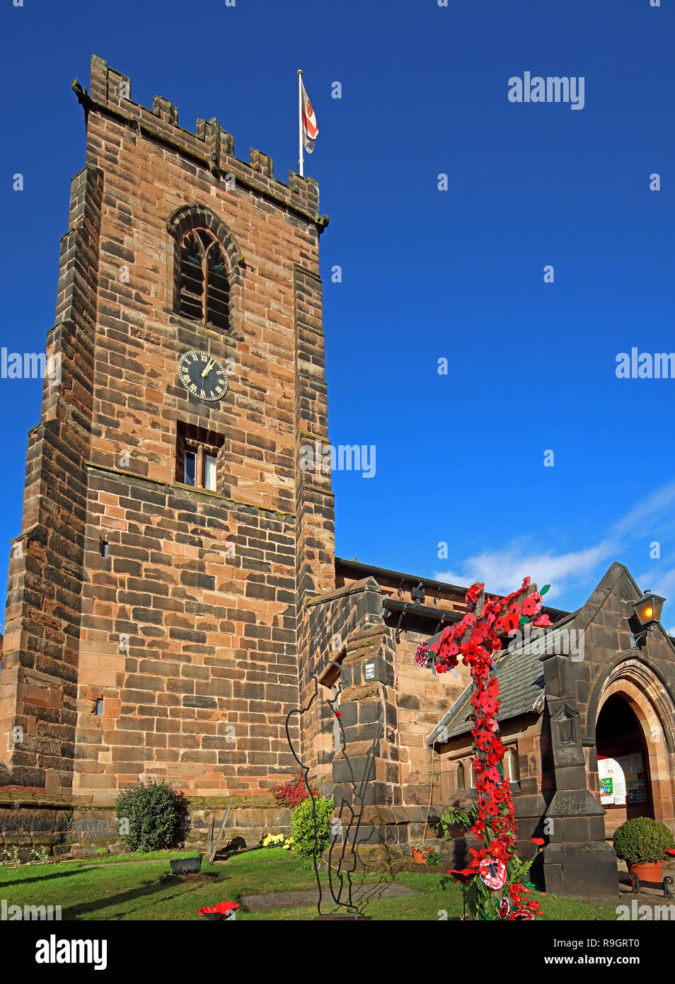 Armistice Day 11/11/2019 Red Cross of Poppies, St Wilfrids Church, Grappenhall, St Georges Flag, Warrington, Cheshire, UK, WA4 2SJ Stock Photo