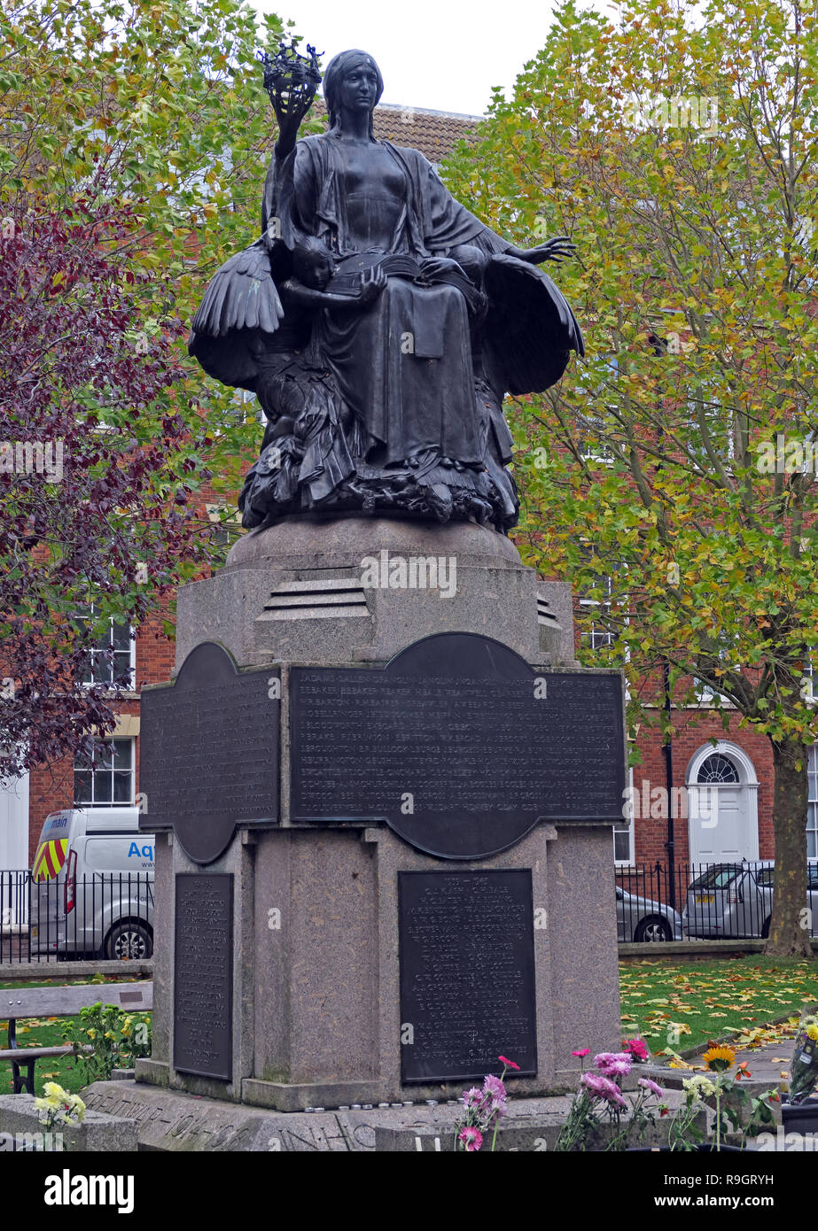 The Angel of Bridgwater, 'Civilization as a seated female', Bridgwater War Memorial in King Square, Bridgwater, Somerset , Souh West England, UK Stock Photo