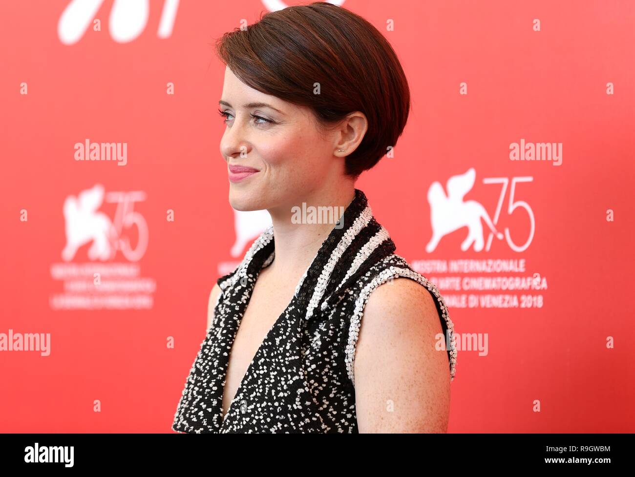 VENICE, ITALY – AUG 29, 2018: Claire Foy attends the 'First Man' photocall during the 75th Venice International Film Festival (Ph: Mickael Chavet) Stock Photo
