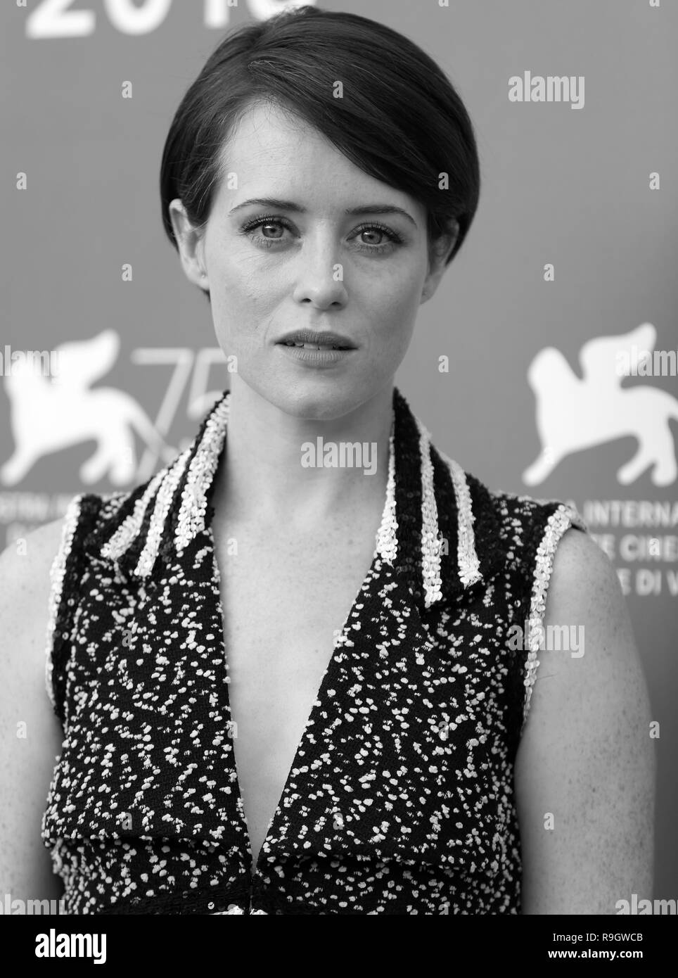 VENICE, ITALY – AUG 29, 2018: Claire Foy attends the 'First Man' photocall during the 75th Venice International Film Festival (Ph: Mickael Chavet) Stock Photo
