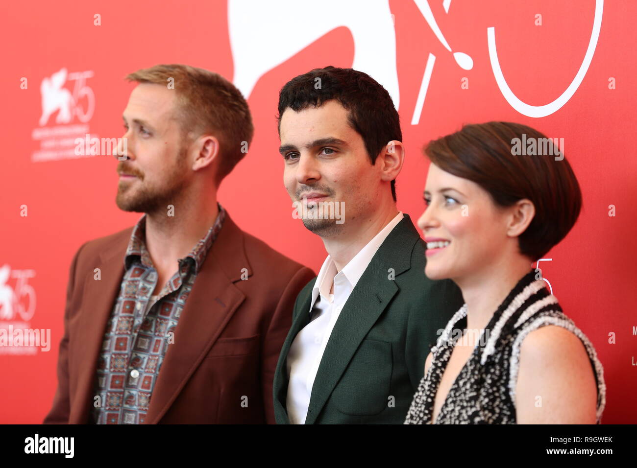 VENICE, ITALY – AUG 29, 2018: Cast members attend the 'First Man' photocall during the 75th Venice International Film Festival (Ph: Mickael Chavet) Stock Photo