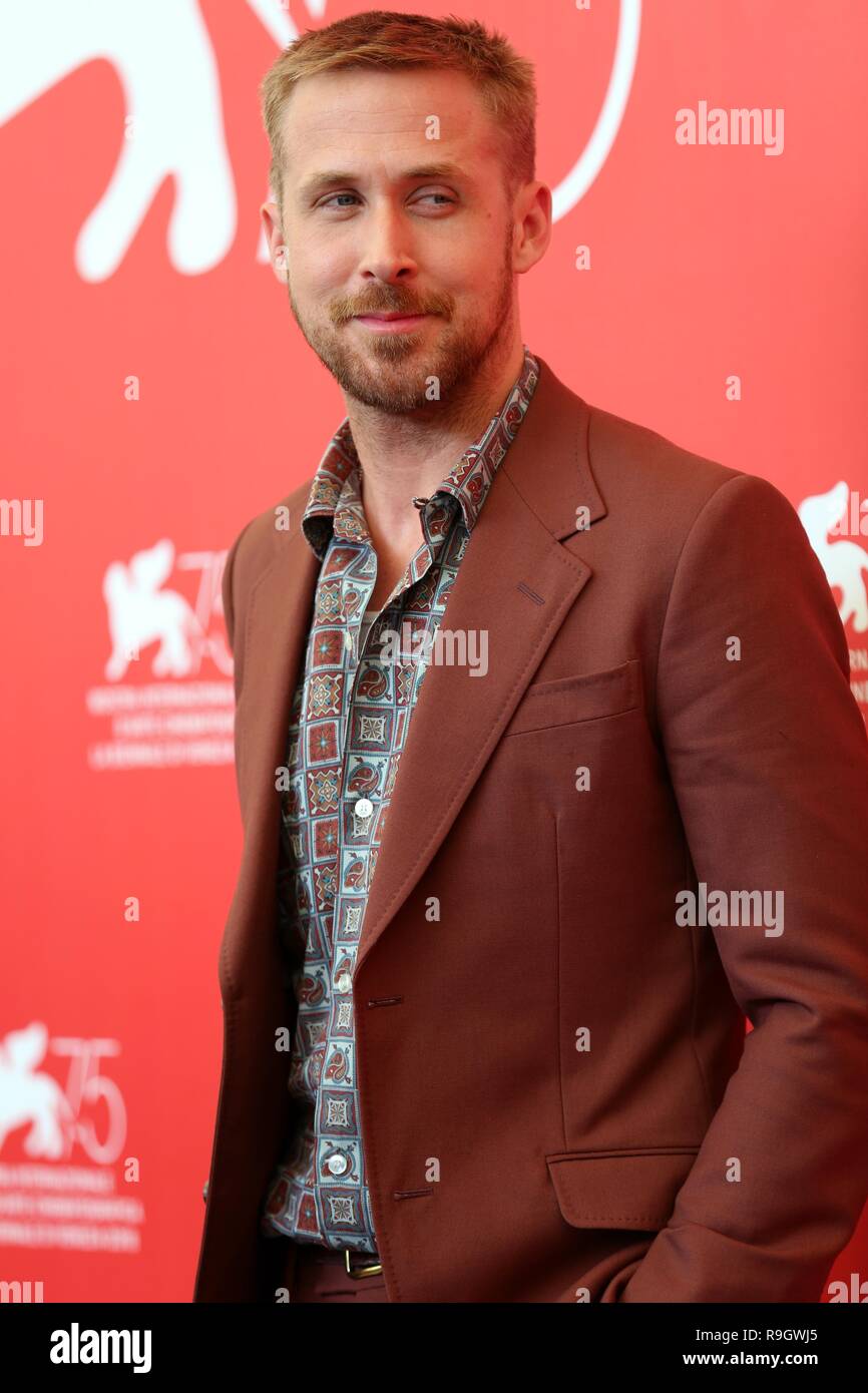 VENICE, ITALY – AUG 29, 2018: Ryan Gosling attends the 'First Man' photocall during the 75th Venice International Film Festival (Ph: Mickael Chavet) Stock Photo