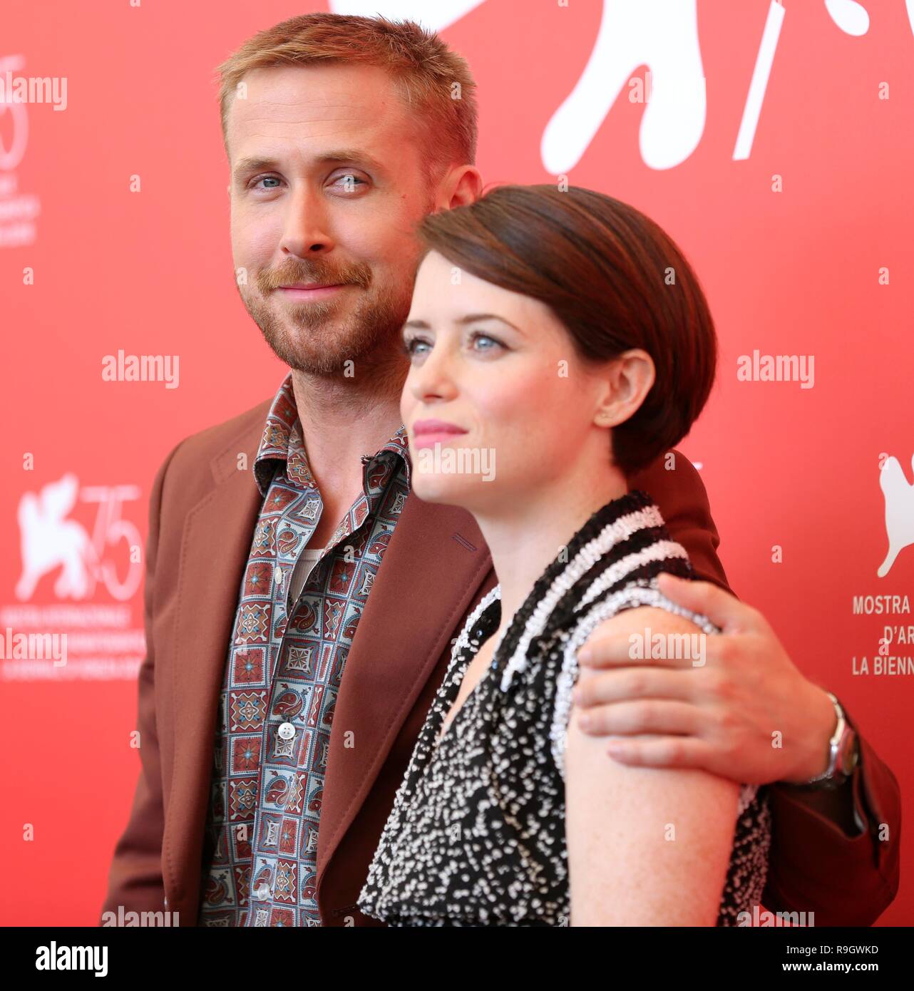 VENICE, ITALY – AUG 29, 2018: Ryan Gosling and Claire Foy attends the 'First Man' photocall at the 75th Venice Film Festival (Ph: Mickael Chavet) Stock Photo