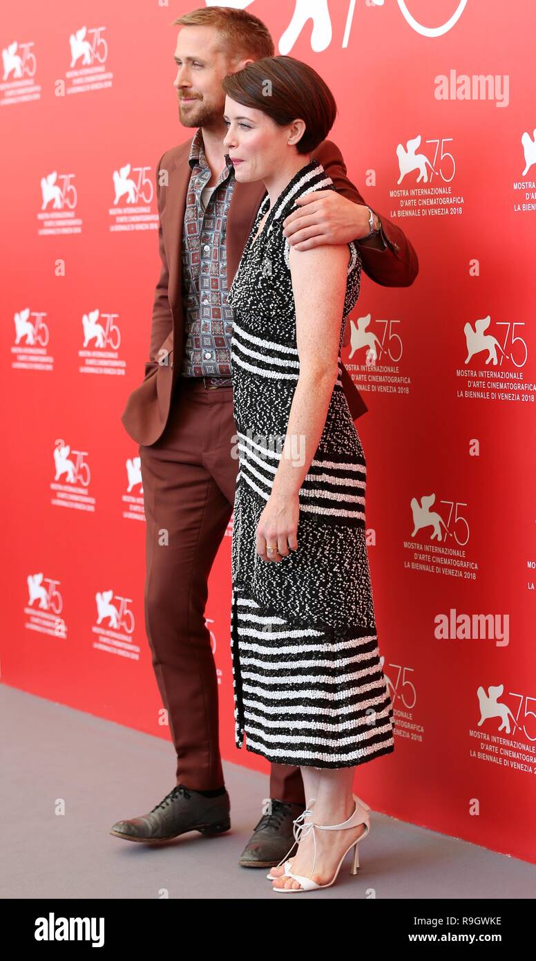VENICE, ITALY – AUG 29, 2018: Ryan Gosling and Claire Foy attends the 'First Man' photocall at the 75th Venice Film Festival (Ph: Mickael Chavet) Stock Photo