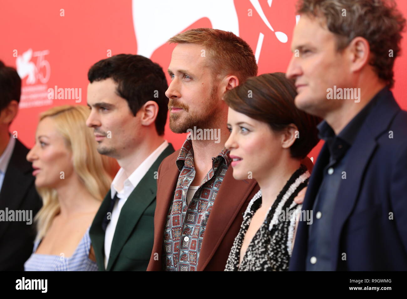 VENICE, ITALY – AUG 29, 2018: Cast members attend the 'First Man' photocall during the 75th Venice International Film Festival (Ph: Mickael Chavet) Stock Photo