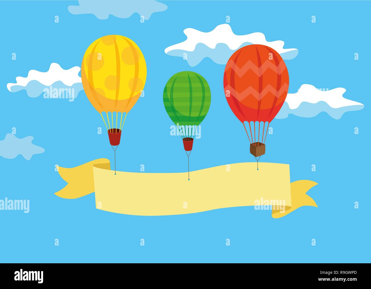 Three Hot air balloons with ribbon in the sky with clouds. Travel time ...