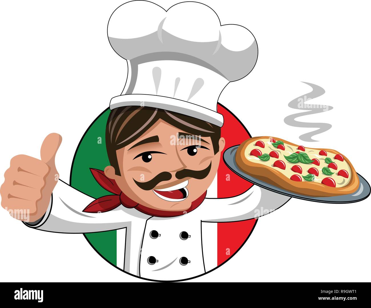 Chef thumb up serving hot pizza on tray isolated Stock Vector