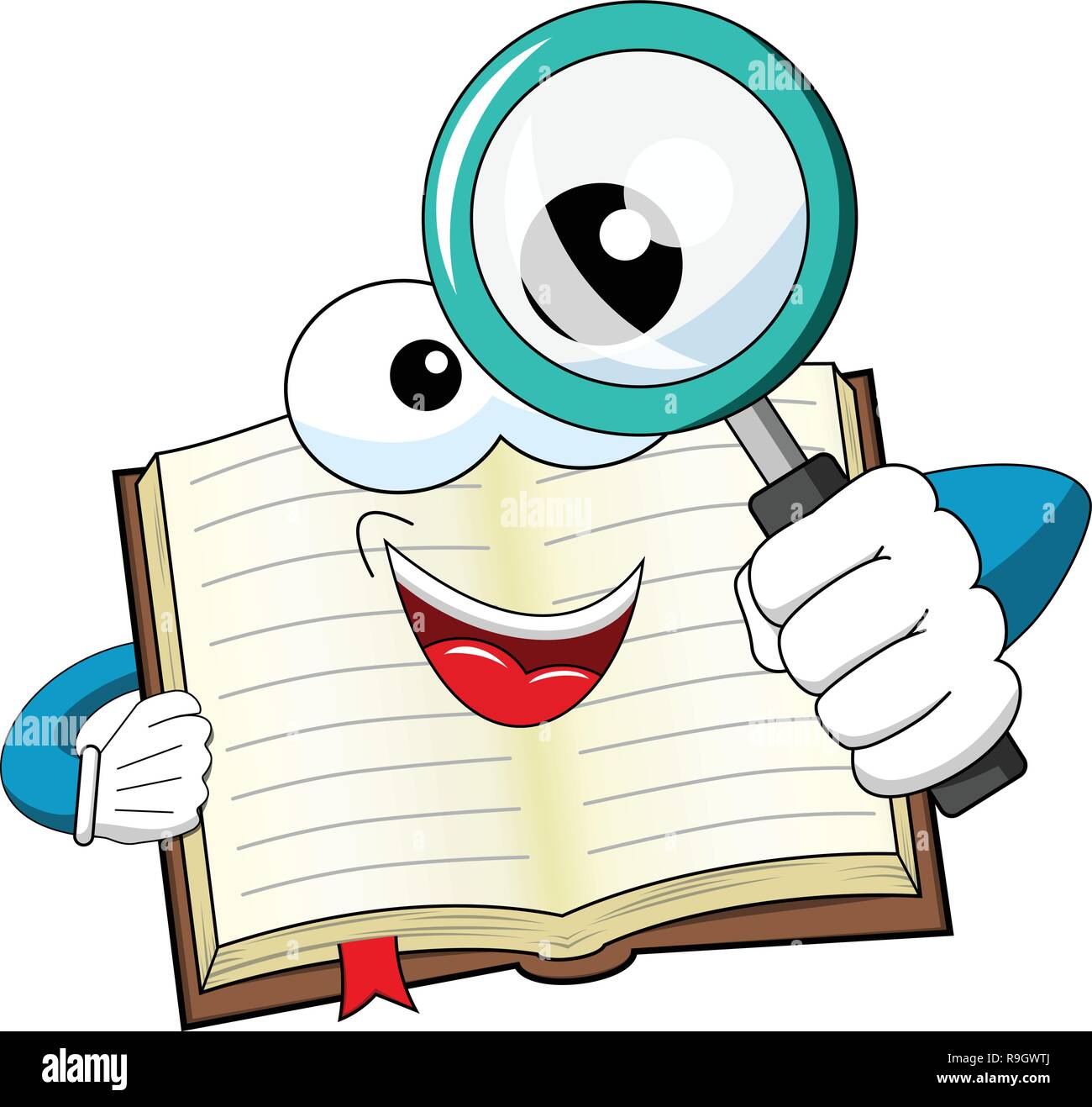 Mascot open book looking through magnifying glass isolated Stock Vector