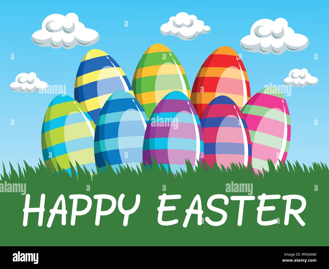 Happy Easter background with decorated eggs in the meadow Stock Vector