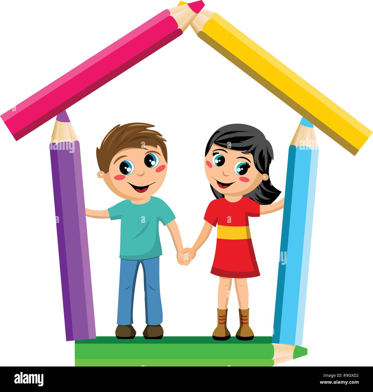 Girl And Boy Hand In Hand Inside School Shaped With Colored Pencils Isolated Stock Vector Image Art Alamy Girl And Boy Hand In Hand Inside School Shaped With Colored Pencils Isolated Stock Vector Image Art Alamy
