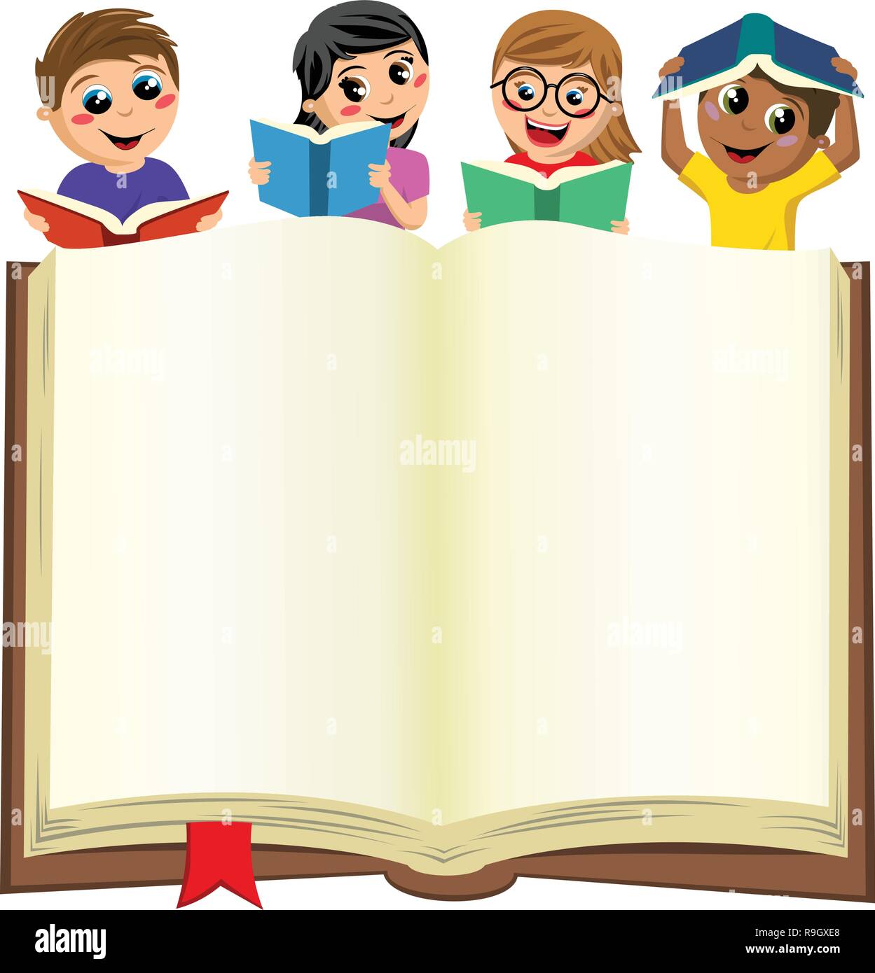 multicultural kids or children playing and reading behind blank open
