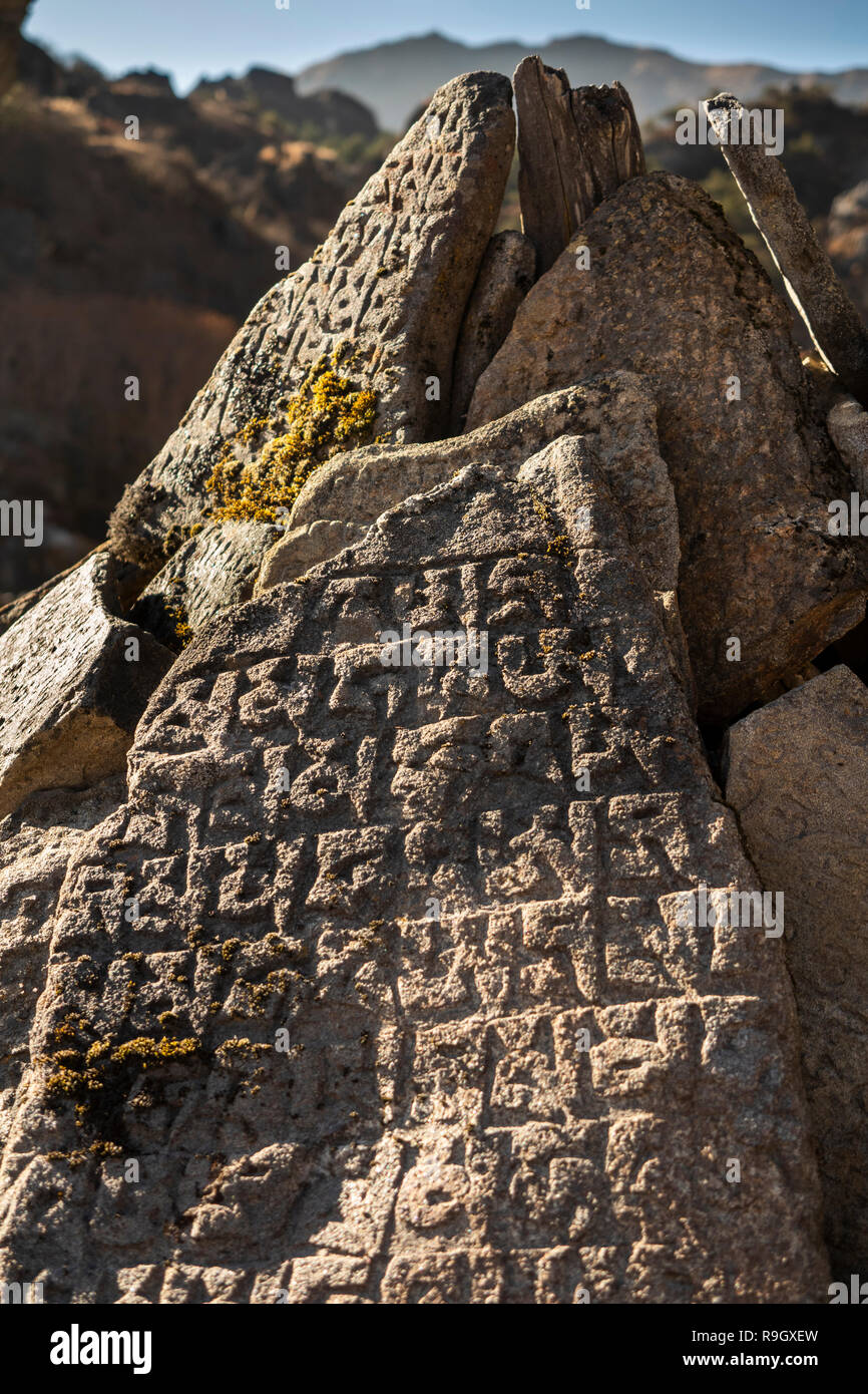 Nepal, Everest Base Camp Trek, Khumjung, traditional carved mani stones in village chorten wall Stock Photo