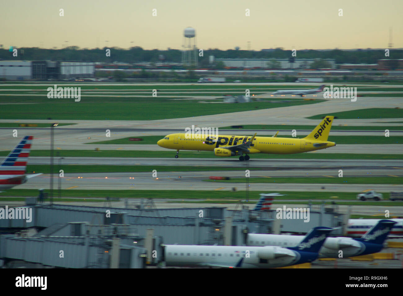CHICAGO, ILLINOIS, UNITED STATES - MAY 11th, 2018:A Spirit Airlines Airbus A320 at O'Hare International Airport before takeoff. Stock Photo