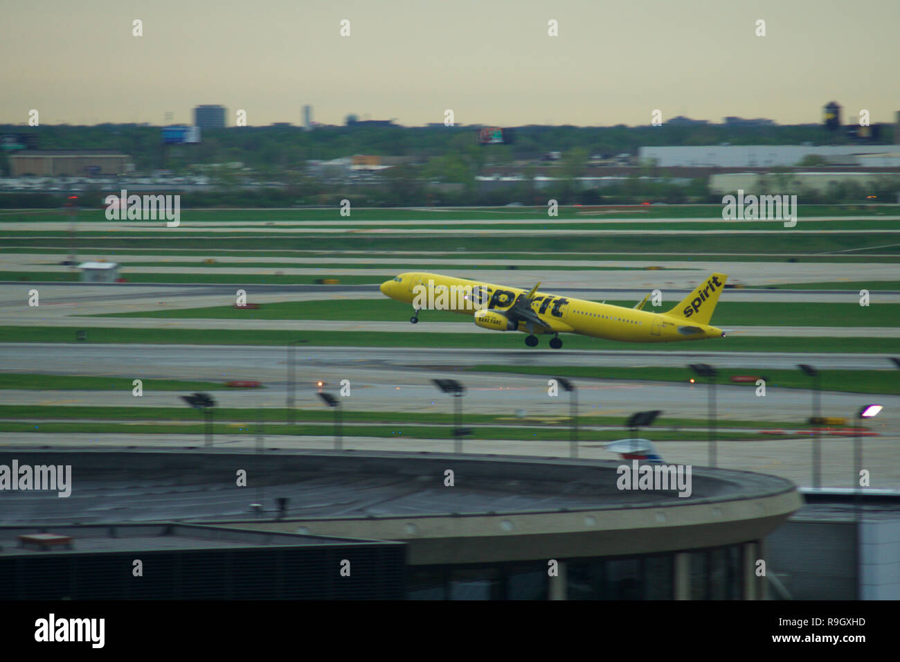 CHICAGO, ILLINOIS, UNITED STATES - MAY 11th, 2018:A Spirit Airlines Airbus A320 at O'Hare International Airport at takeoff. Stock Photo