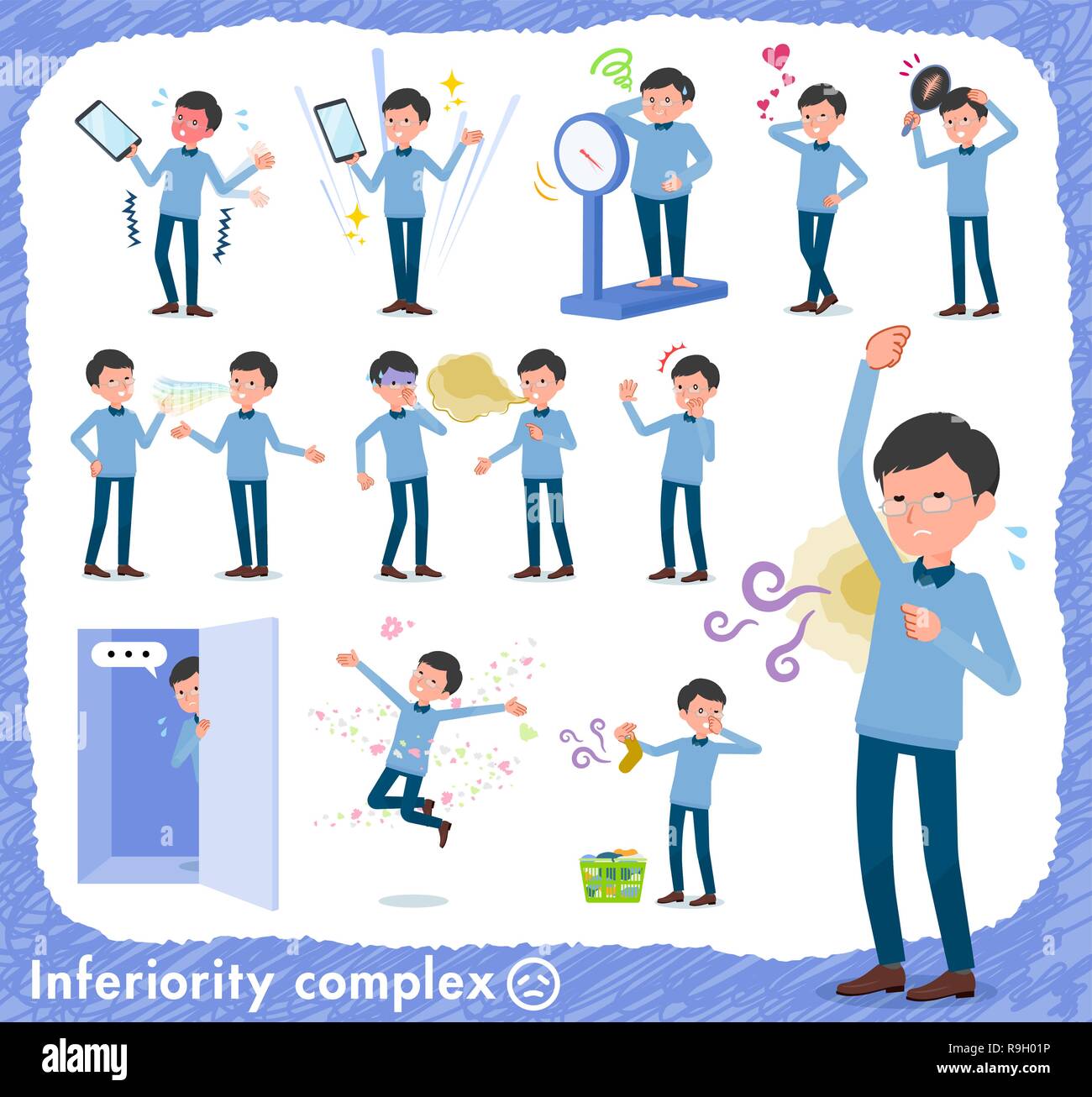 A set of man on inferiority complex.There are actions suffering from smell and appearance.It's vector art so it's easy to edit. Stock Vector