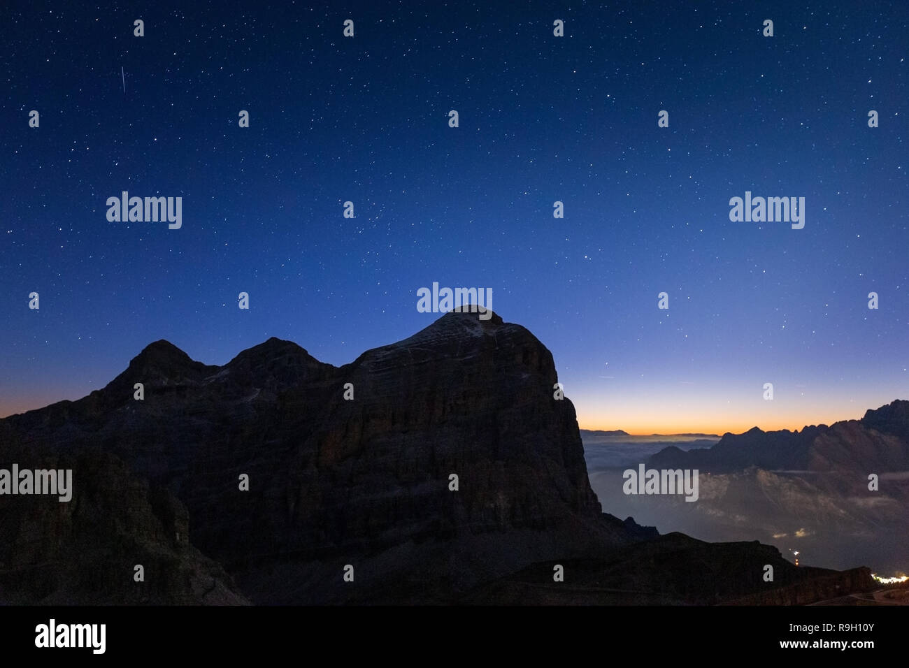 The Tofane mountain group at night. The Ampezzo Dolomites. Veneto. Italian Alps. Europe. Stock Photo