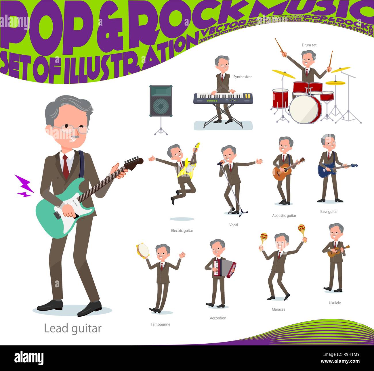 A set of old businessman playing rock 'n' roll and pop music.There are also various instruments such as ukulele and tambourine.It's vector art so it's Stock Vector