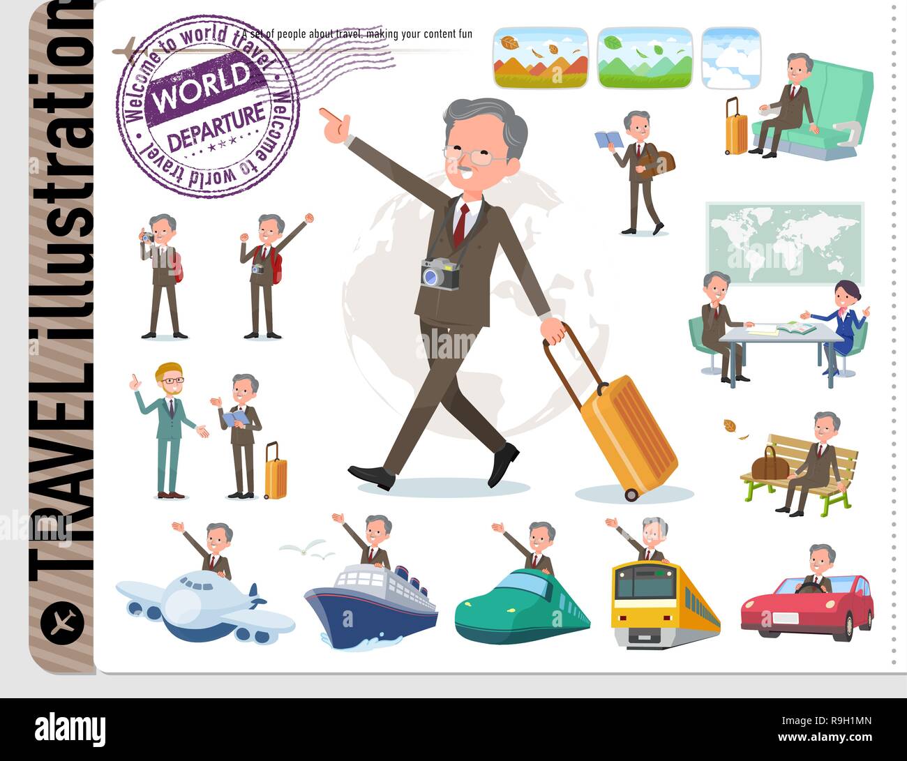 A set of old businessman on travel.There are also vehicles such as boats and airplanes.It's vector art so it's easy to edit. Stock Vector