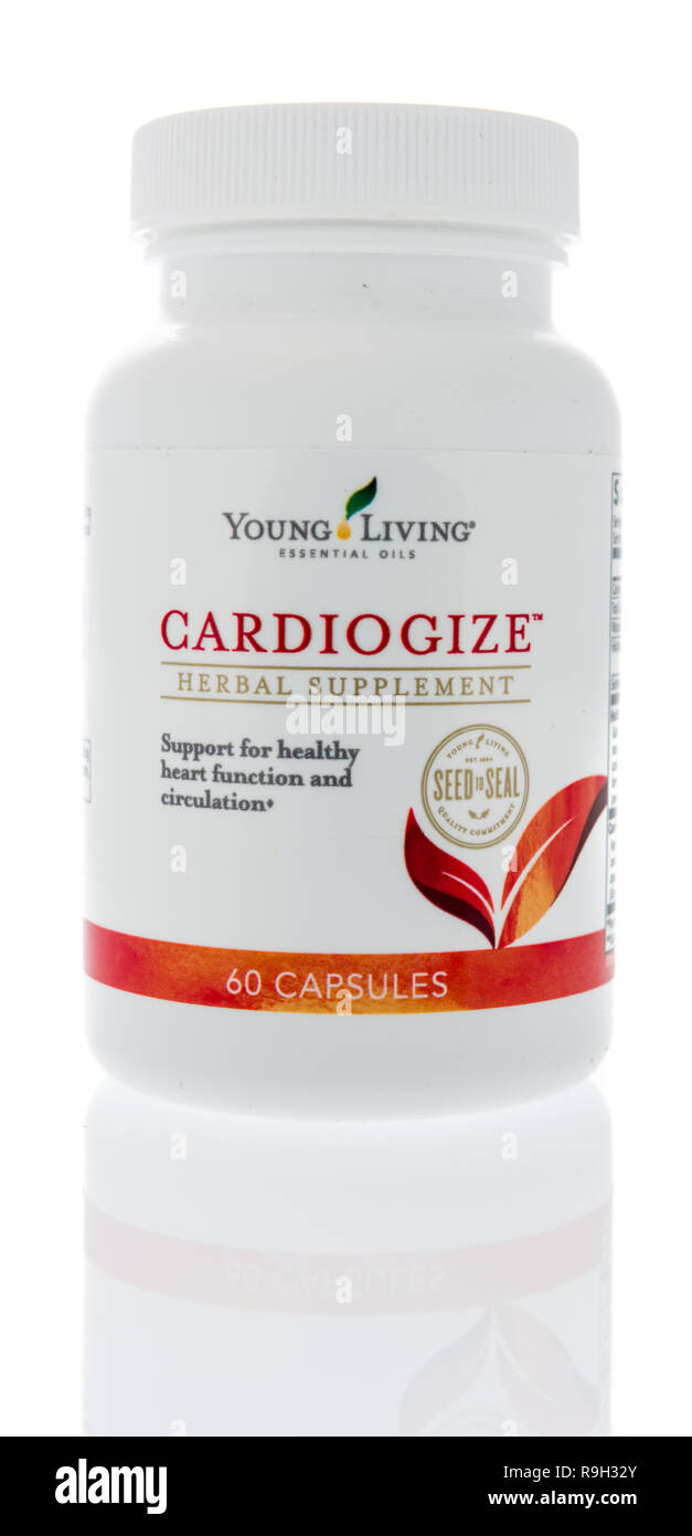 Winneconne, WI - 18 November 2018: A container of Young Living cardiogize herbal supplement on an isolated background. Stock Photo