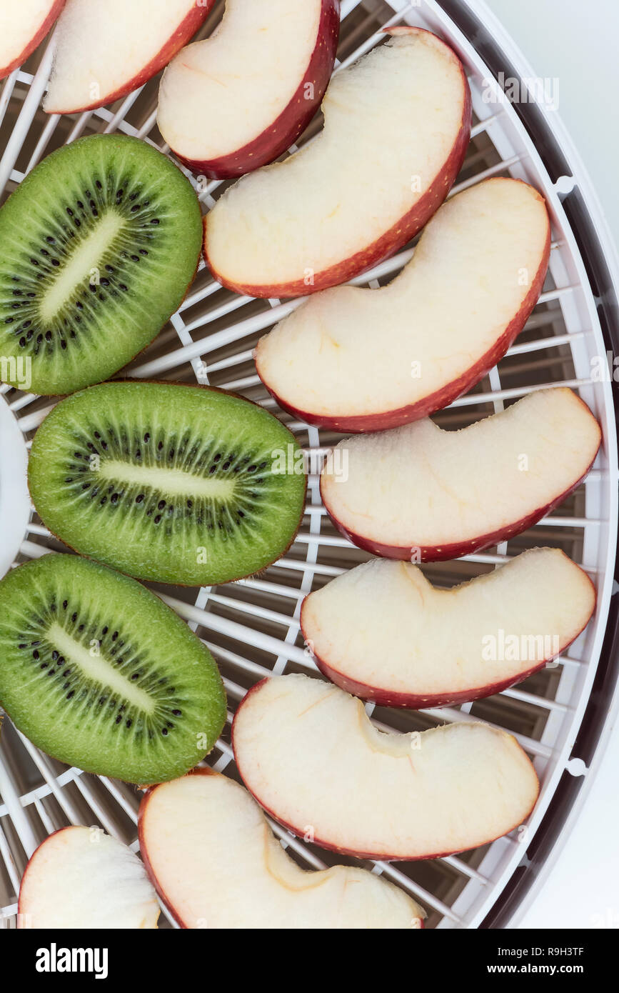 Dehydrator tray with slices of kiwi and apples. Behind is a cutting board with slices of apple. Top view. Stock Photo