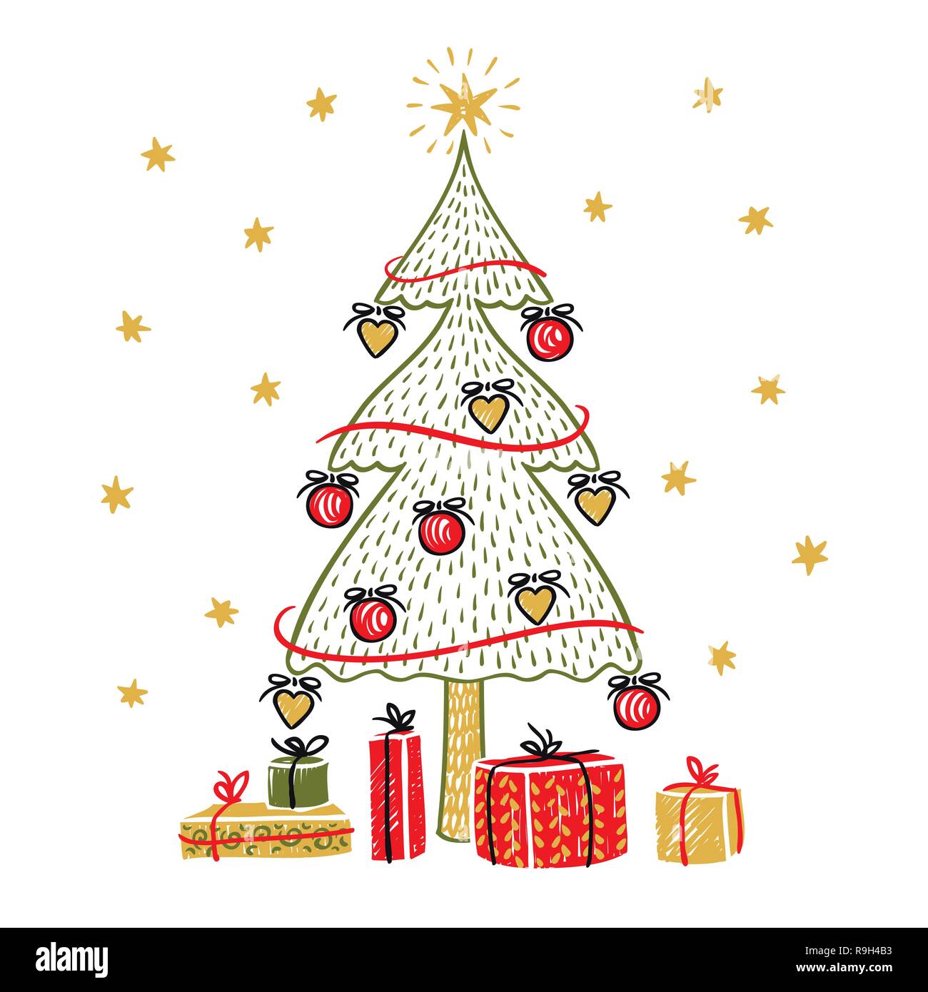Fir tree and gift boxes isolated On White Background Stock Vector