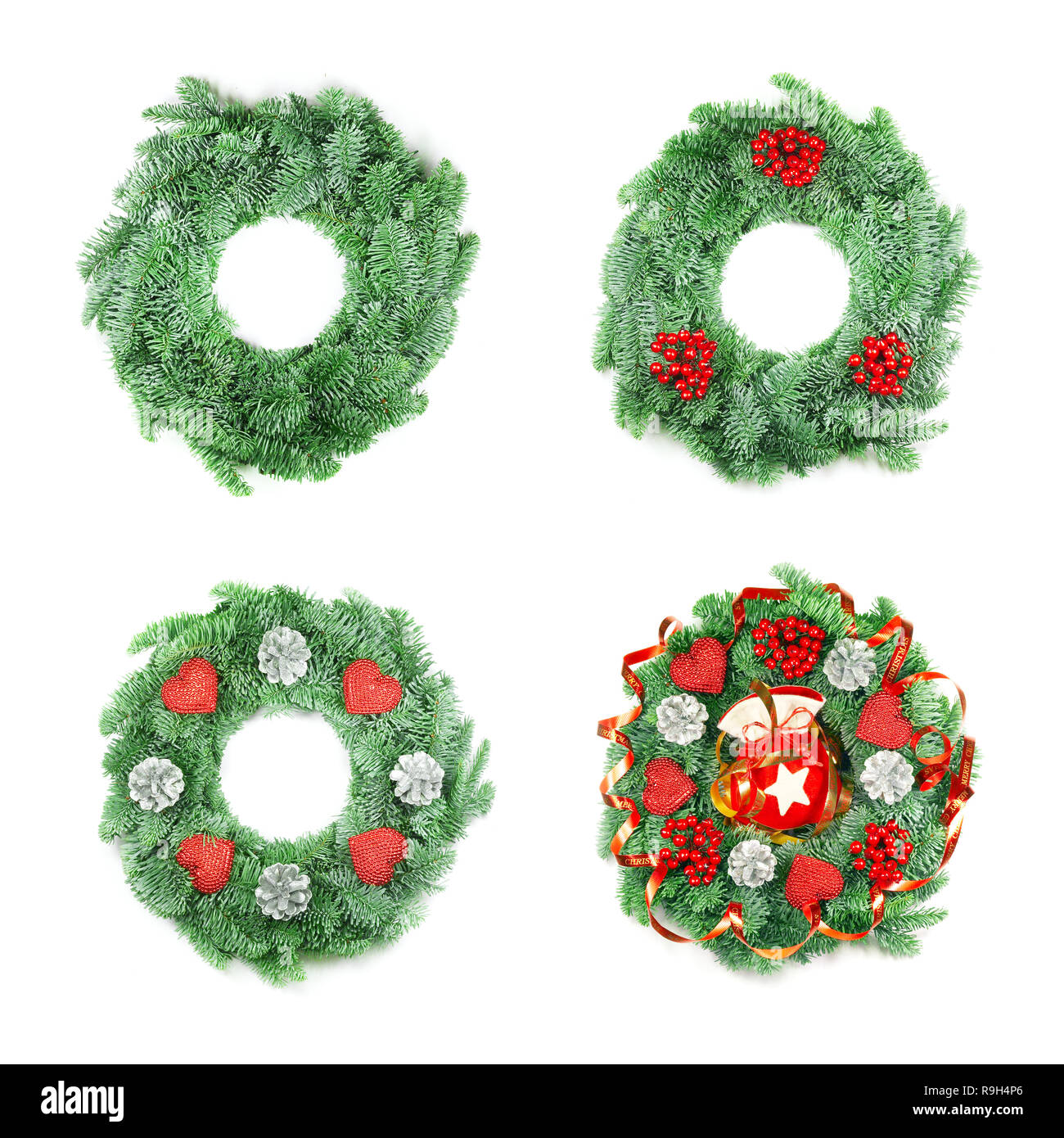 Different type of Christmas Wreath with Ornaments on White Background