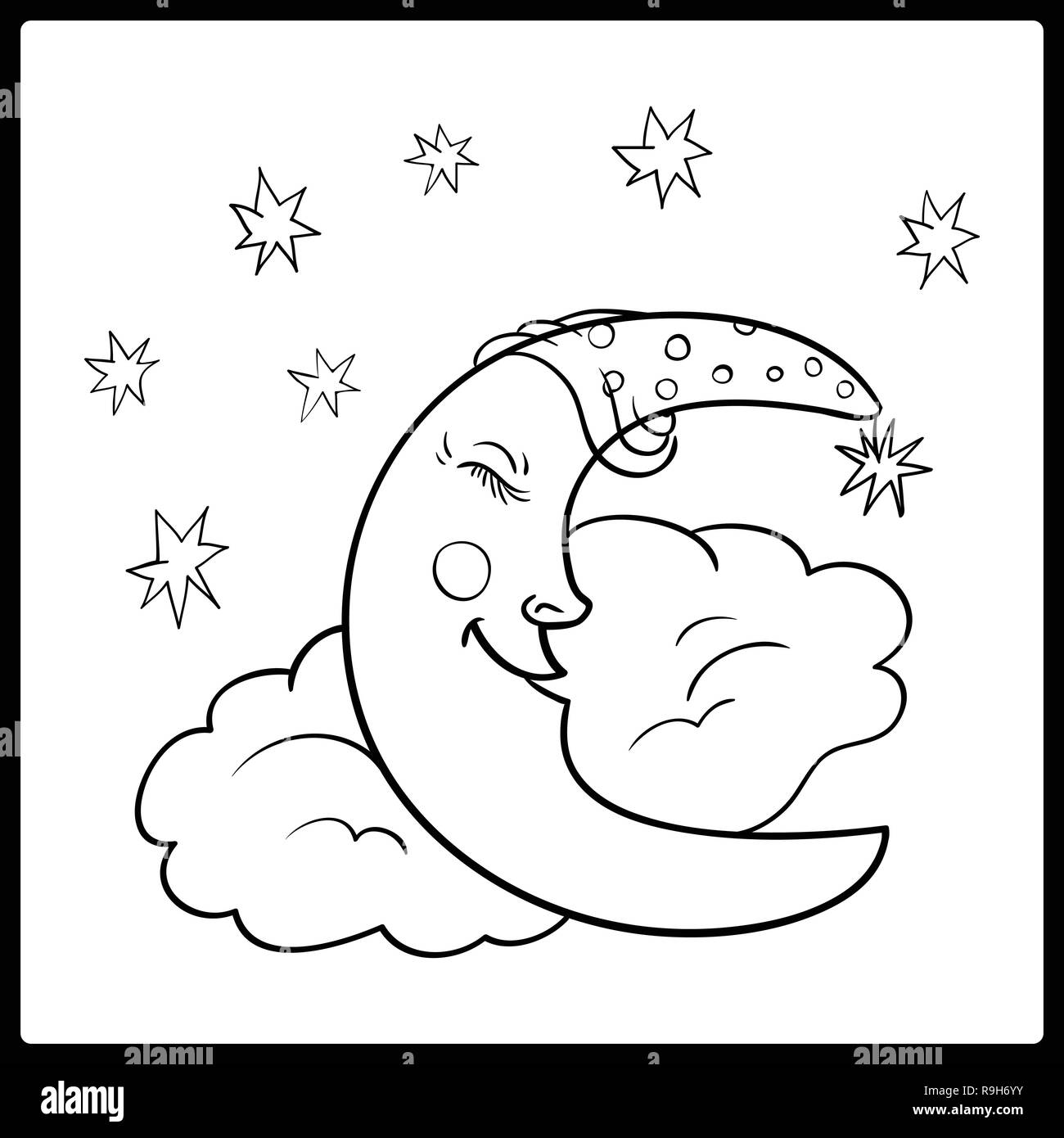 Moon A Graphical Outline Moon Sleeping On A Cloud With Stars In The Night Sky Vector Illustration Cute Cartoon Moon Stock Vector Image Art Alamy