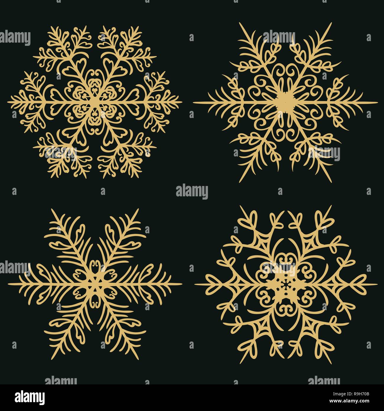 Set of winter snowflakes on a dark golden background. Vector ...