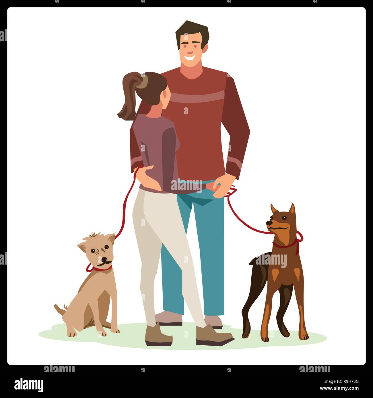 Young people (guy and girl talking) stood in a friendly hug while walking their dogs. Illustration isolated on white background Stock Vector