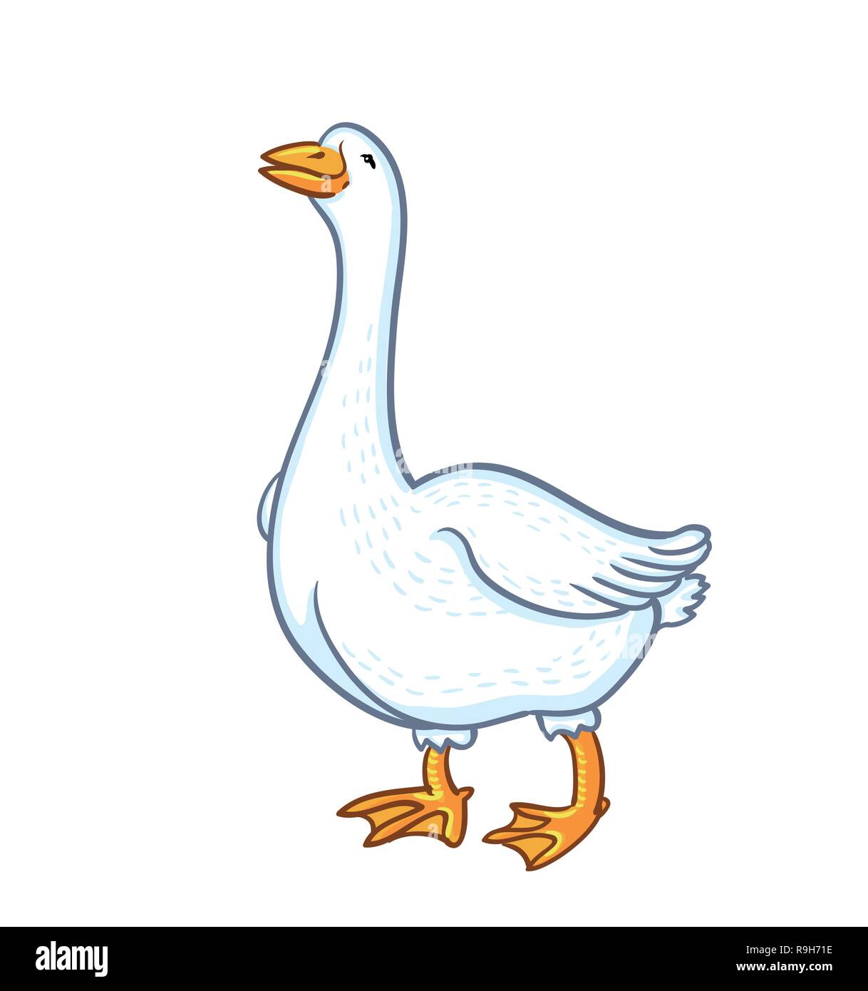 White goose isolated on white background. Cartoon funny goose, sketch feathered farm animal Stock Vector