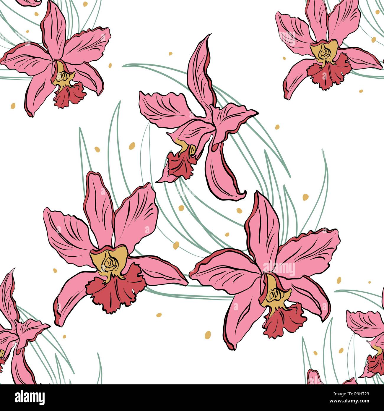 Seamless pattern of pink orchids on a white background. Orchid isolated ...