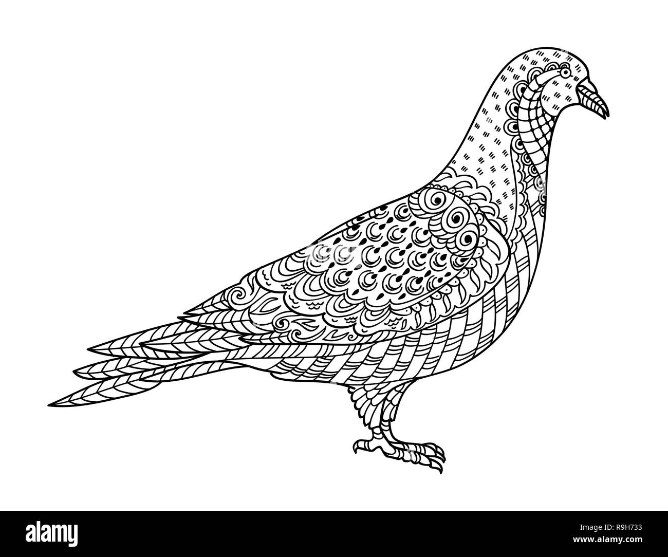 Drawing zentangle dove, for coloring book for adult or other decorations. Black and white version illustration Stock Vector