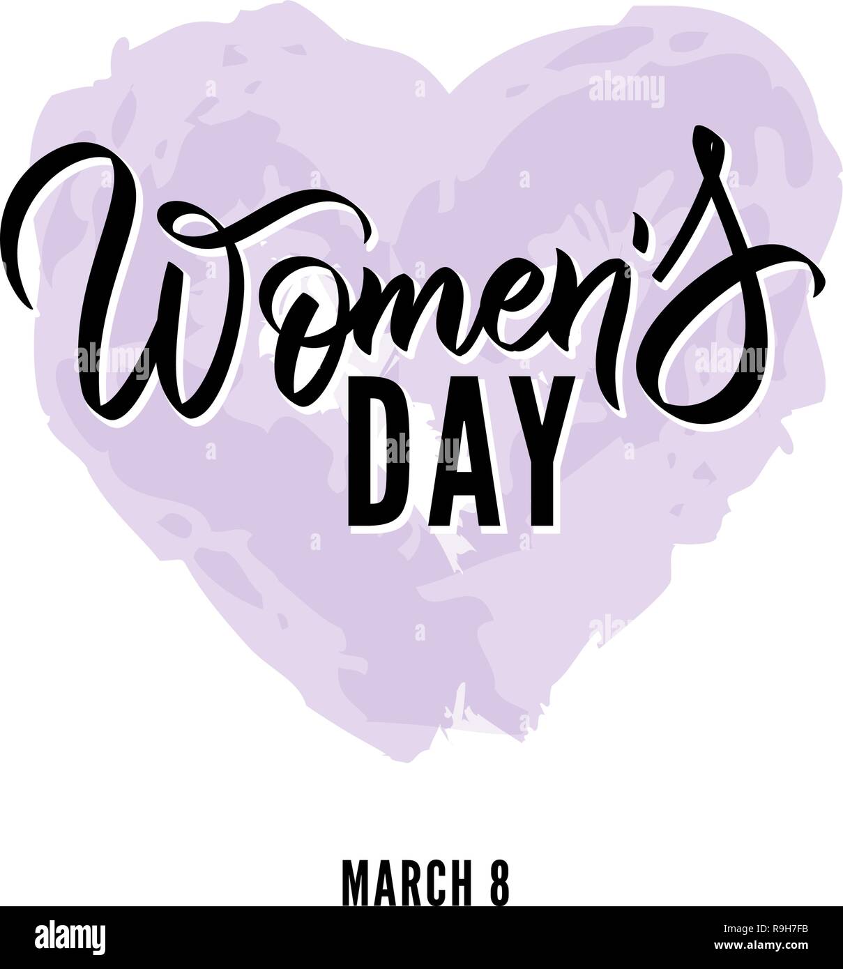 Happy Womens Day hand written lettering text, calligraphy. typography. Vector black writing on watercolor heart. Card. flyer, banner, poster, label, t Stock Vector