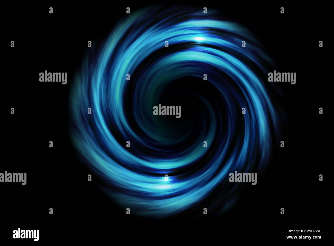 Abstract spiral tunnel with light blue smoke on black background Stock ...