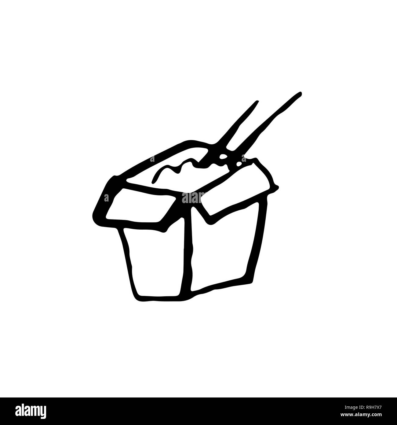 Rice in box icon. Grunge ink brush vector illustration. Food flat