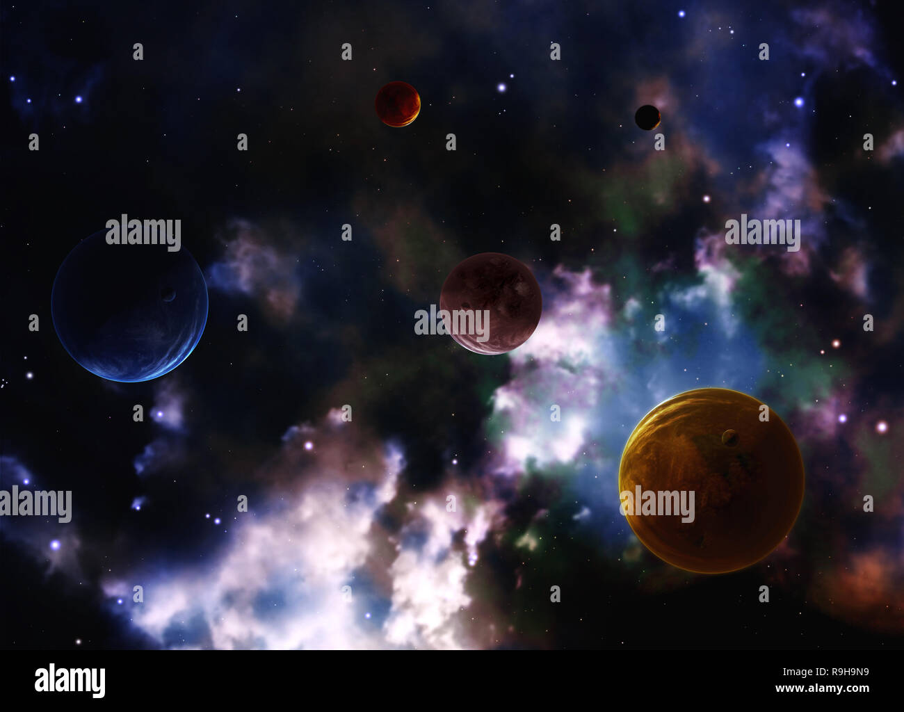 A beautiful space scene with planets and nebula Stock Photo - Alamy