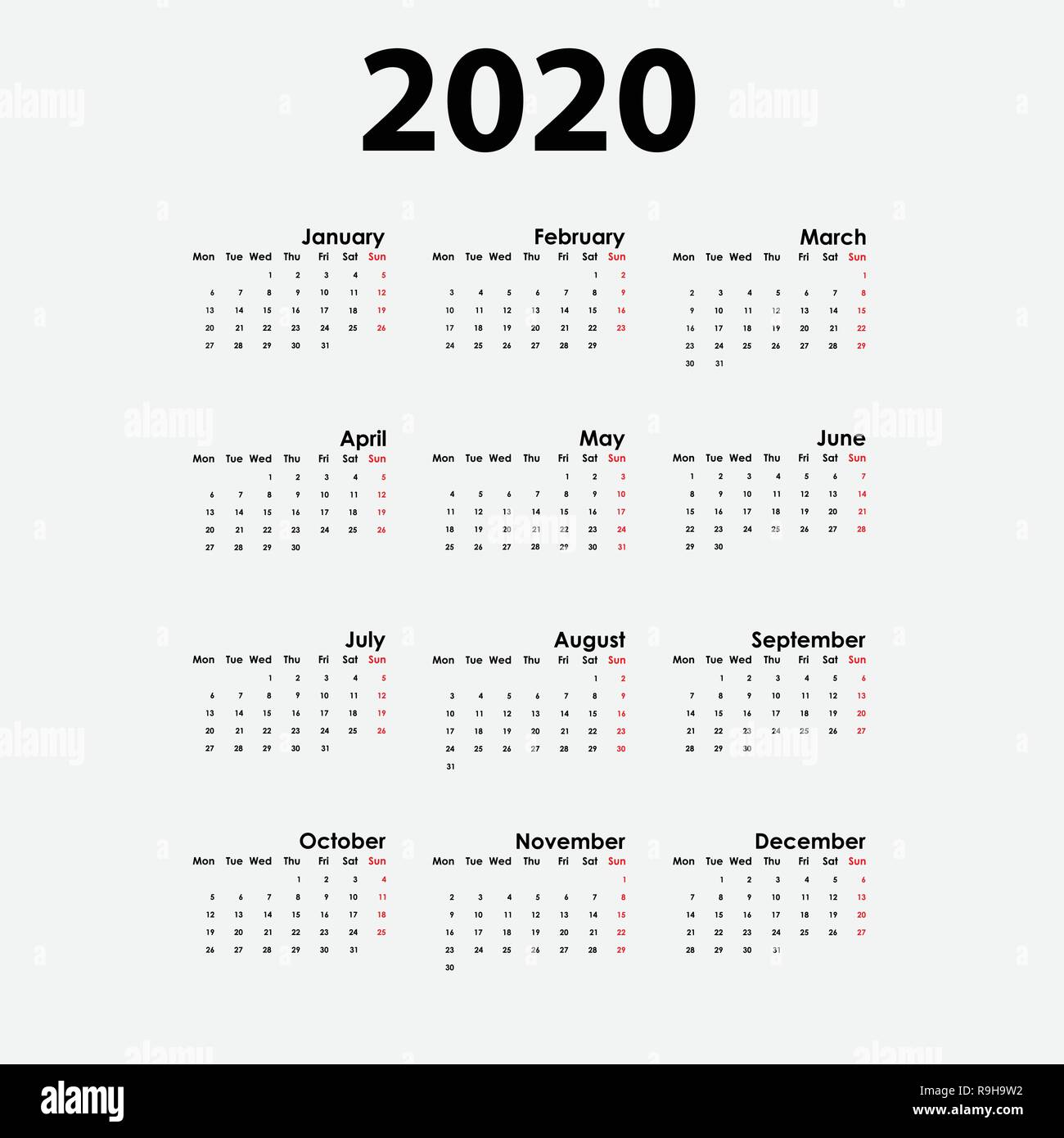2020 Calendar Template Calendar 2020 Set Of 12 Months
