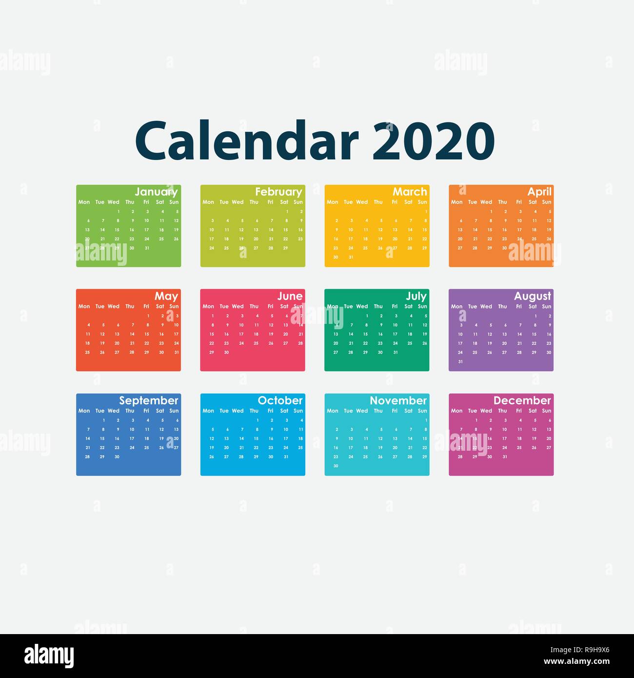 2020 Calendar Template.Calendar 2020 Set of 12 Months.Yearly calendar