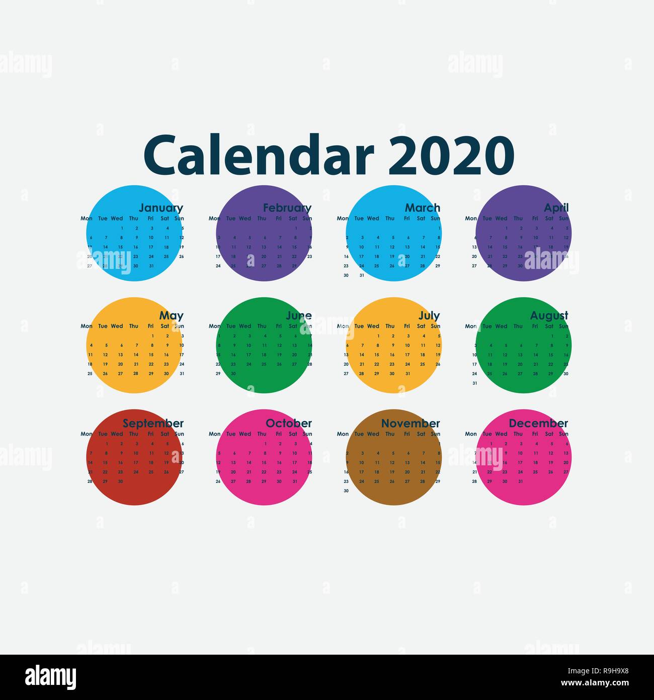 2020 Calendar Template.Calendar 2020 Set of 12 Months.Yearly calendar
